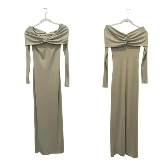 NEW HELSA Matte Jersey Off Shoulder Maxi Dress in Elm -  www.rajagirimanappuram.com